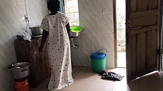 Freestyle sex with sexy ebony maid in kitchen.