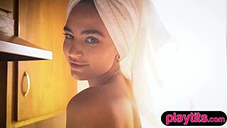 gorgeous latina milf undresses slowly, showing off her naked tits and ass in horny display