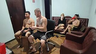 friends playing video game turn to sex