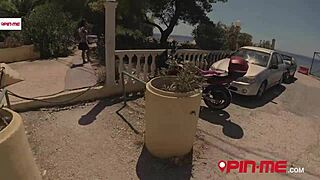 Sofia pins me down in public threesome with big tits brunette.