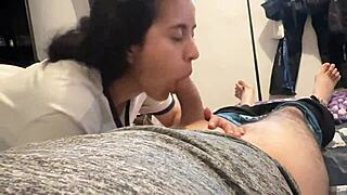 petite teen wants stepfather's creampie in mouth, pov handjob licking