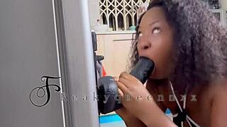 Hot milf camgirl, solo in kitchen, masturbates with 14 inches dildo on fridge, wet pussy and handjob in full homemade video