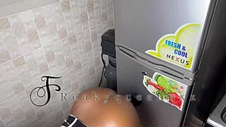 Hot milf camgirl, solo in kitchen, masturbates with 14 inches dildo on fridge, wet pussy and handjob in full homemade video