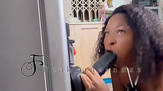 Hot milf camgirl, solo in kitchen, masturbates with 14 inches dildo on fridge, wet pussy and handjob in full homemade video