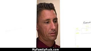 Stepsister and stepbrother caught riding cock in threesome with stepdad