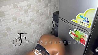Hot milf camgirl, solo in kitchen, masturbates with 14 inches dildo on fridge, wet pussy and handjob in full homemade video