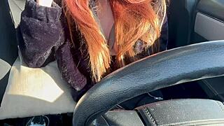 Artemisia love flashes big tits in car during outdoor solo ride