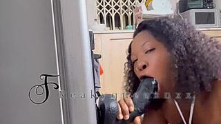 Hot milf camgirl, solo in kitchen, masturbates with 14 inches dildo on fridge, wet pussy and handjob in full homemade video