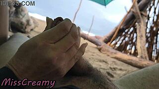 Misscreamy handjobs my cock in 4k public sex on the beach during storm