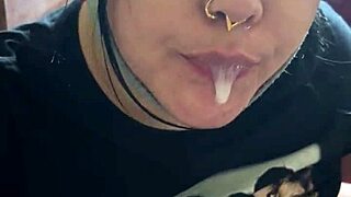 fat curvy babe shows nipples and gives pov blowjob with cumshot on natural tits