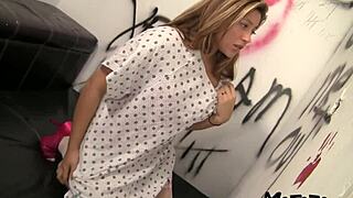 brunette patient swallows cum in glory hole after rough anal and blowjob