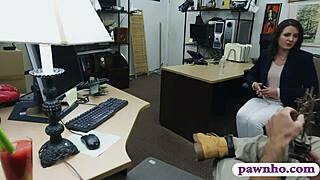 The customer's wife gets spied on while getting railed in the back office