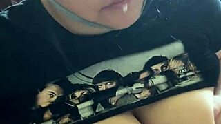 fat curvy babe shows nipples and gives pov blowjob with cumshot on natural tits