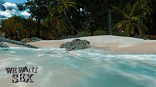 sexy paradise with ripped clothes and cum on beach