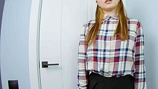 Sexy cutie in miniskirt dances striptease, gets oiled, and rubs clit to orgasm