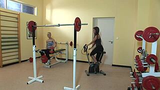 lesbian training session with two pretty europeans at the gym with short and long hair