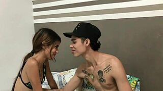 Hot Kisses And Tit Licks For A Small Colombian Girl With Tattoos