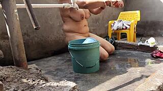 Nangi Bhabhi Bathes Outdoors with Big Boobs and Cute Pussy