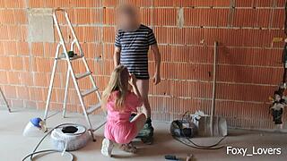 European milf with tattoos nearly gets caught fucking coworker on construction site.