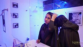 Valen and Danyla enjoy a steamy shower together with other latinas in a group lesbian session