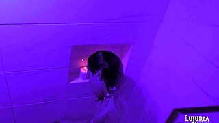 Valen and Danyla enjoy a steamy shower together with other latinas in a group lesbian session