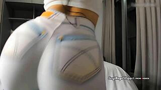 Sexy Latina teases ass in tight yoga pants with camel toe before blowjob