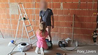 European milf with tattoos nearly gets caught fucking coworker on construction site.