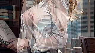 Blonde librarian flashes pussy under skirt outdoors