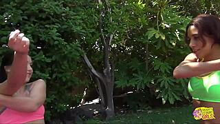 sensual yoga turns into stripping and outdoor scissoring for brunette lesbians 😘