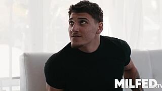 Hot MILF in lingerie bends over for blowjob and cowgirl ride with daughter's boyfriend