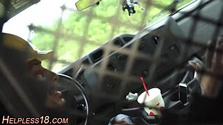 Hitchhiking brunette teen gets picked up for outdoor bdsm blowjob and fucking 😏