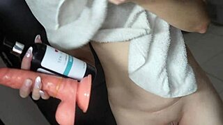 Mature latina enjoys big dildo in shower