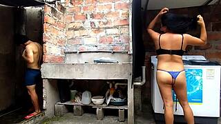 Horny neighbor enters my humble bathroom