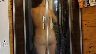 Shower scene in european log cabin with agarabas and olpr