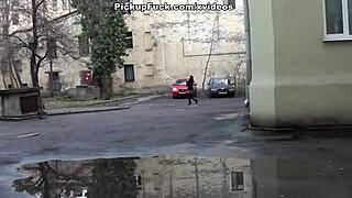 blonde sucks in the porch during outdoor pickup