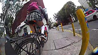 exposing in miniskirt upskirt while walking through the city