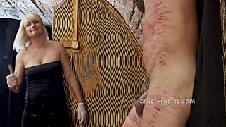 cruel blonde milf whips guy's cock