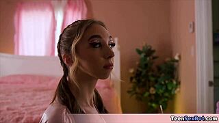 my skinny petite stepsis in lingerie blows my cock on the machine