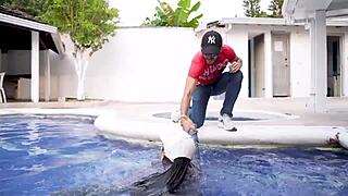 my boss helps me out of the pool and convinces me to fuck him