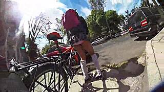 exposing in miniskirt upskirt while walking through the city