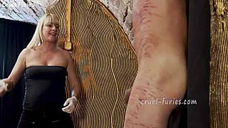 cruel blonde milf whips guy's cock