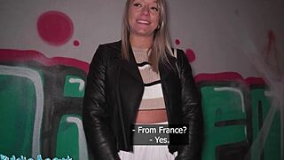 Blonde French girl caught masturbating in street, leads to fast hard fuck and blowjob