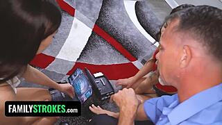 Reyna and Sofie ride stepfather's massive cock fiercely