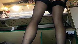 sexy milf with long legs and big pussy lips serves guests in a mini skirt, even in winter cold - upskirt at work