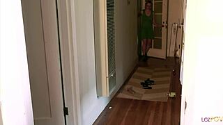 Once home the lesbian blonde pounces on her in hopes of using her strapon on her shaved pussy