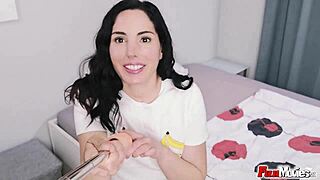 Brunette Bitch Fucks Selfie Stick with Shaved Pussy and Natural Tits