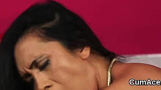 Naughty bombshell receives cumshot on face and eats all the jizm