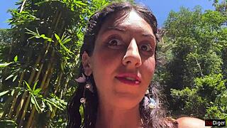 she gets cum on her face in the public locker room, then walks to the waterfall covered in it.