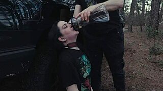 submissive cutie eats ass and piss at roadside picnic, then gets rough face fucking, right?