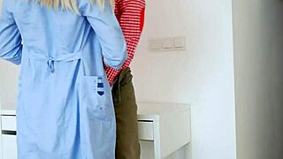 Doctor gives sloppy blowjob, gets fucked hard in hallway.